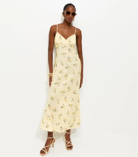 Women's Yellow Daisy Print Lace Trimmed Satin Midi Dress