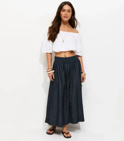 Women's Petite Navy Shirred Midi Skirt
