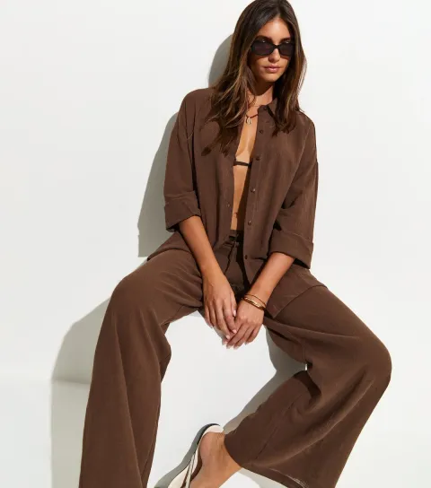 Women's Dark Brown Cotton Slub Beach Trousers
