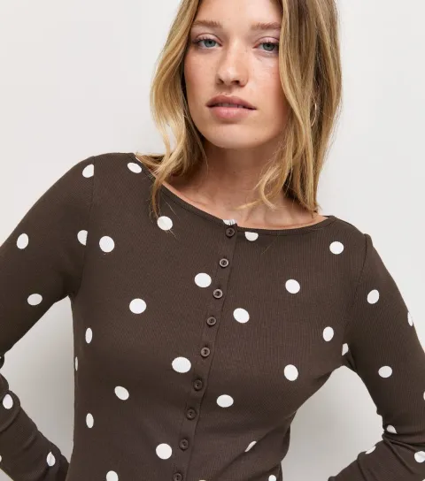Women's Brown Cotton Rich Polka Dot Button Through Long Sleeve Top