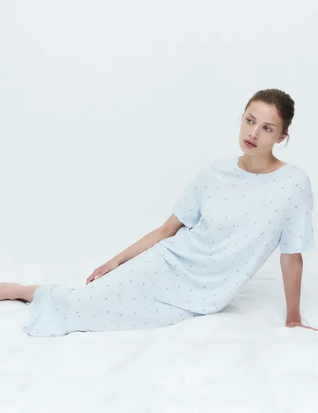 Marks & Spencer Cotton Modal Printed Long Nightdress Light Blue Mix