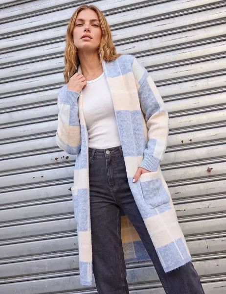 Roman Checked Longline Pocket Detail Cardigan Light Blue Mix