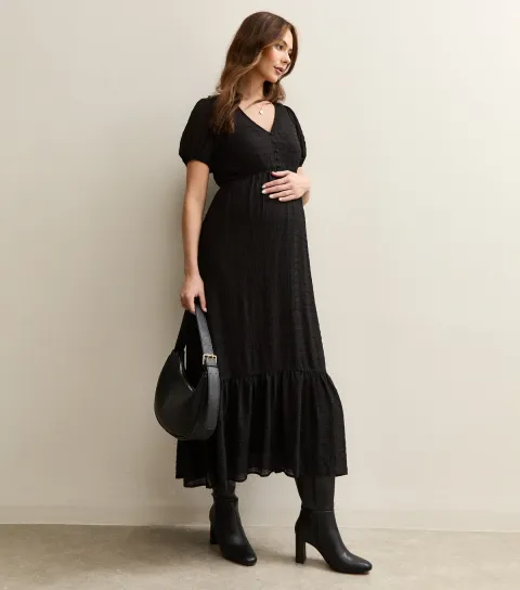 Women's Maternity Black Checked Short Sleeve Midi Dress