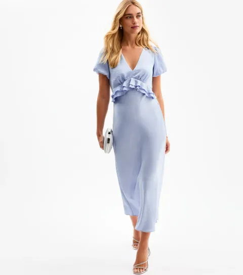 Women's Blue V-Neck Satin Ruffled Midi Dress