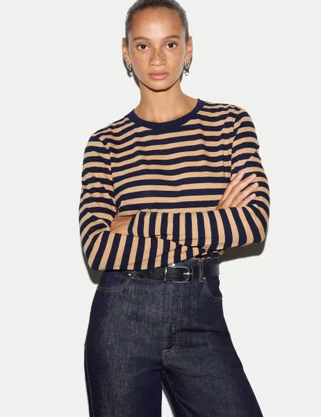 Jigsaw Pure Cotton Slub Striped Slim Fit Top Camel Mix