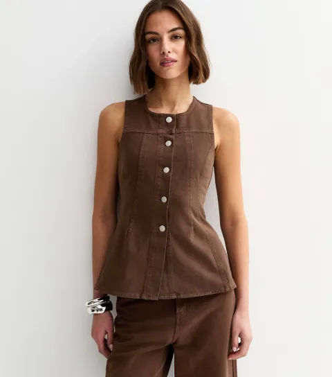 Women's Brown Denim Panelled Longline Peplum Waistcoat