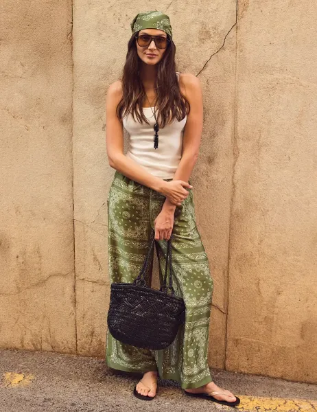 RO&ZO Scarf Print Wide Leg Trousers Khaki Mix