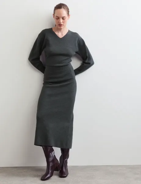 Jaeger Pure Merino Wool Knitted Column Skirt Charcoal