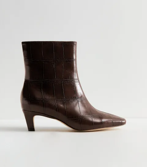 New Look Women's Brown Faux Leather Crocodile Effect Ankle Boots Vegan