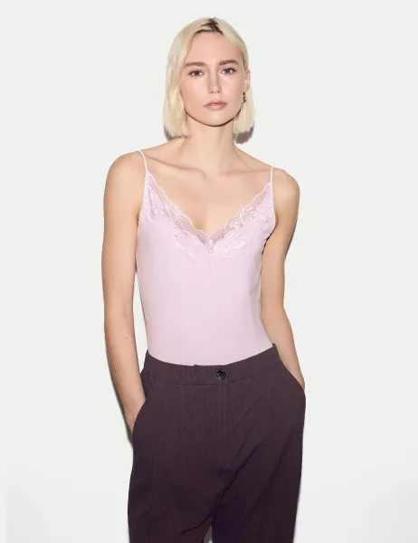 Jigsaw Modal Rich V-Neck Lace Trim Cami Top Light Pink