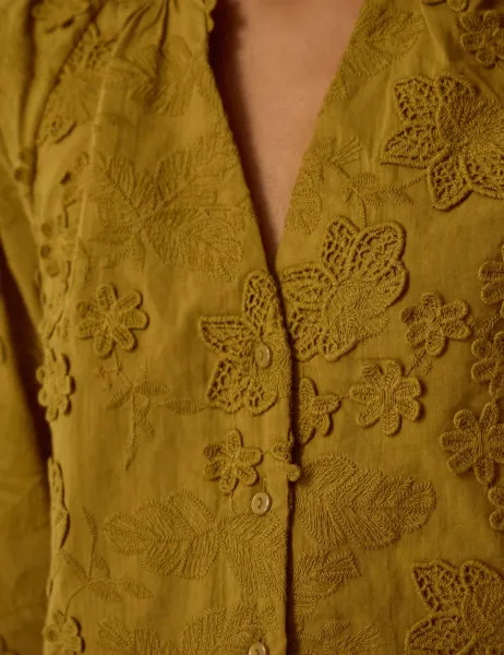 Monsoon Pure Cotton Embroidered Round Neck Shirt Khaki Mix