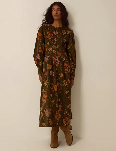 Monsoon Cord Floral Round Neck Midi Skater Dress Green Mix