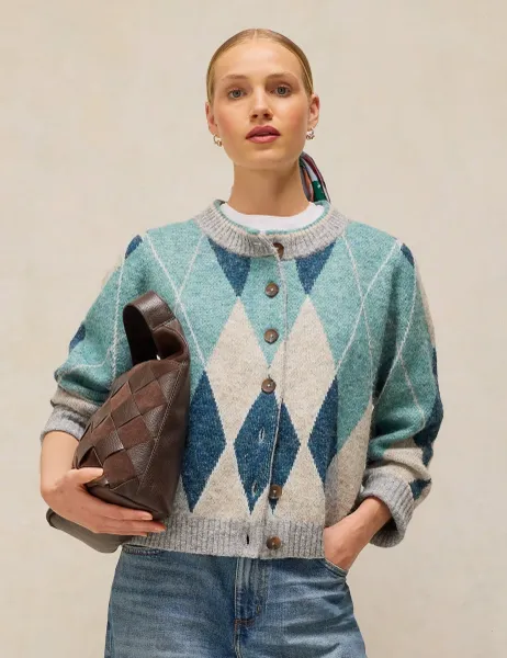 White Stuff Argyle Checked Cardigan with Wool Blue Mix