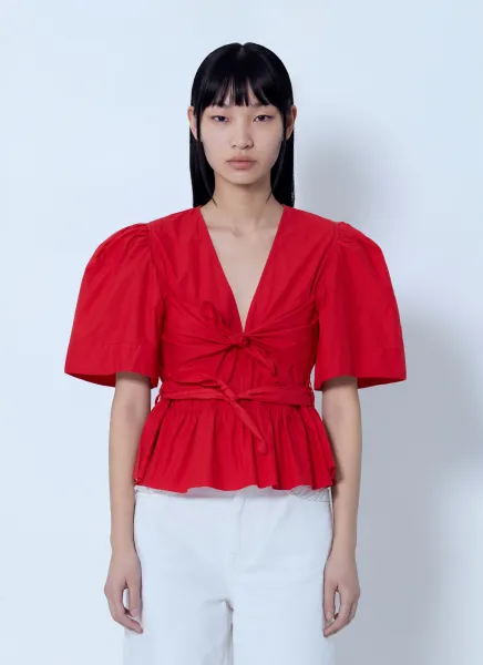 GANNI Cotton Poplin Bow Blouse
