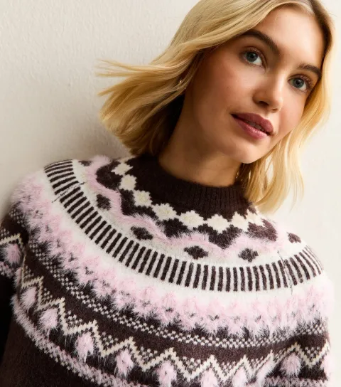 New Look Women's Brown Fluffy Fairisle Jumper