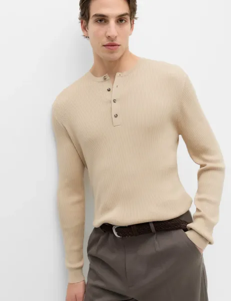 Marks & Spencer Cotton Blend Smart Henley Jumper Beige