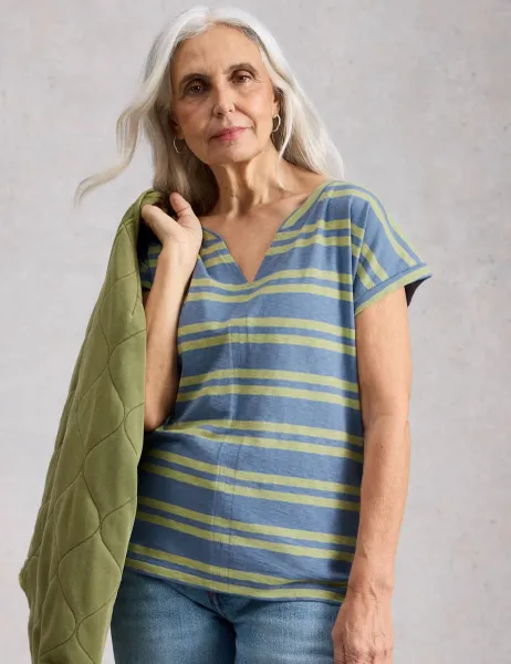 White Stuff Pure Cotton Striped T-Shirt Blue Mix
