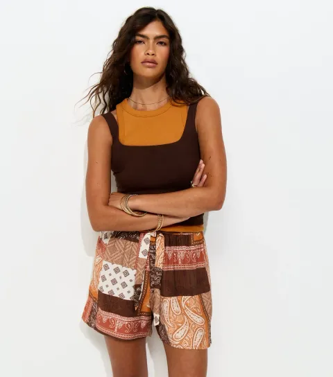 Women's Brown Patchwork Tie Shorts