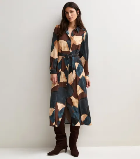 New Look Women's Brown Satin Printed Shirt Midi Dress