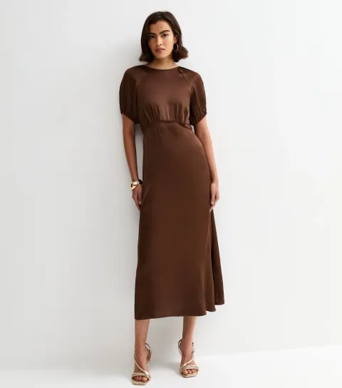 Women's Dark Brown Satin Puff Sleeve Midi Dress