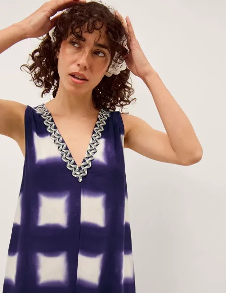 Monsoon Geometric Tie Dye V-Neck Relaxed Jumpsuit Navy Mix