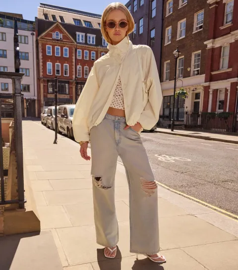 Women's Cream Button Up Oversized Windbreaker Jacket