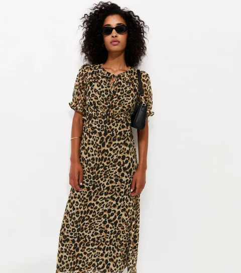 Women's Brown Leopard Print Ruffle Chiffon Short Sleeve Midi Dress