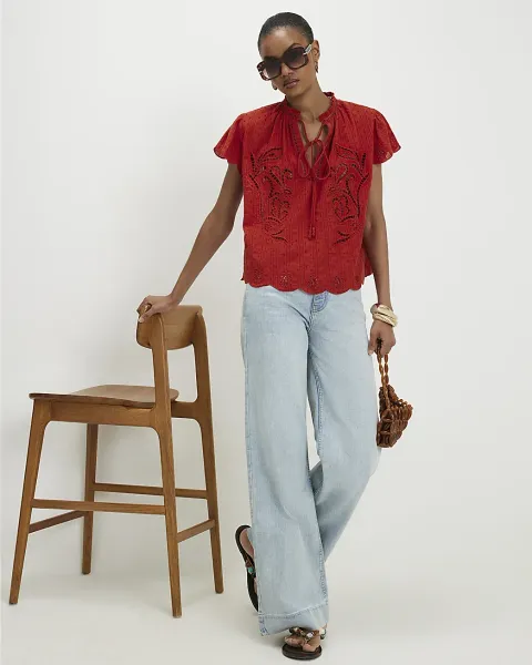River Island Cotton Broderie Tie Neck Blouse