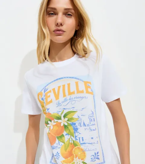 Women's White Cotton Seville Orange Print T-Shirt