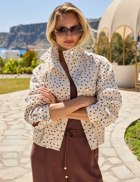 SOSANDAR Denim Polka Dot Funnel Neck Jacket Cream Mix