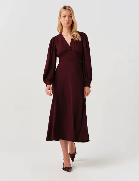 Ghost V-Neck Button Detail Midi Waisted Dress Burgundy