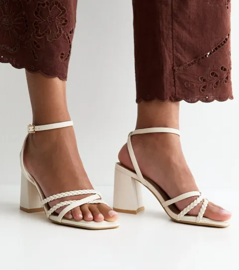 Women's Wide Fit Off White Faux Leather Braided Strap Sandals Vegan