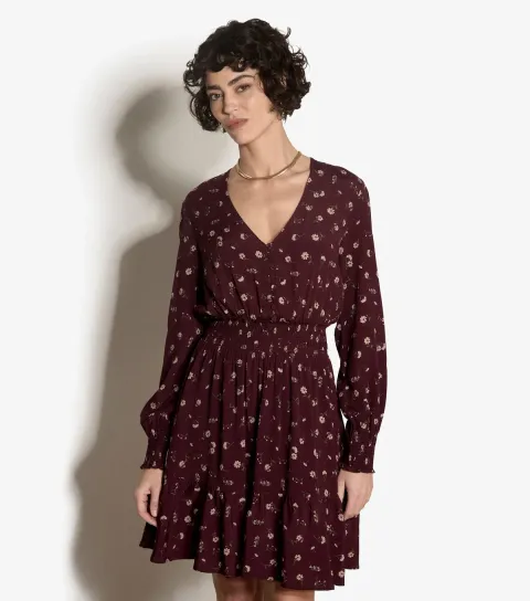 Apricot Women's Dark Burgundy Floral Print V-Neck Mini Dress