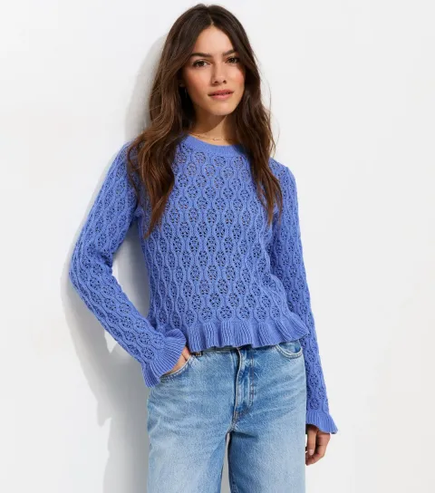 Women's Petite Blue Pointelle Frilly Hem Jumper