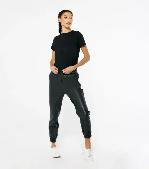 Women's Black Leather-Look Cuffed Joggers