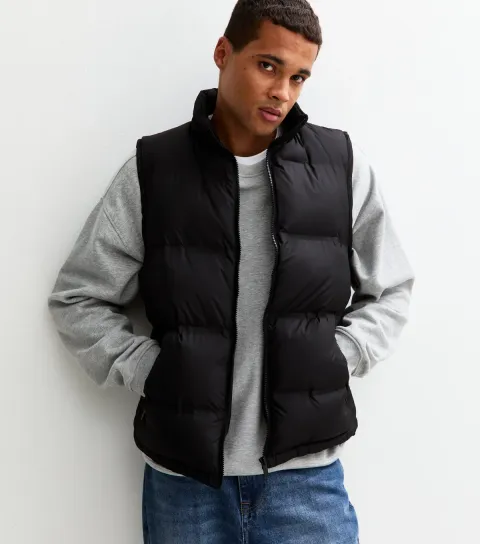 Men's Black Regular Fit Sleeveless Heatseal Puffer Gilet