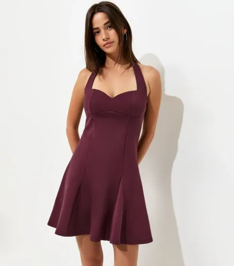 Women's Dark Burgundy Cotton Rich Ponte Sweetheart Halter Mini Dress