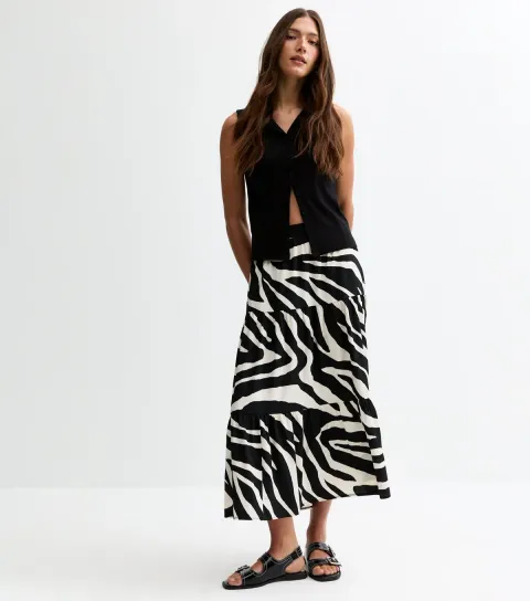 New Look Women's Black Zebra Print Tiered Crepe Midi Skirt