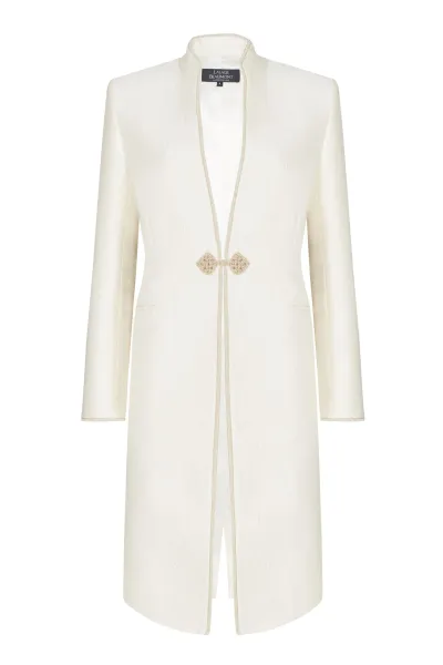 Ivory Dress Coat in Summer Brocade with Cord Trim and Frogging - Vicky