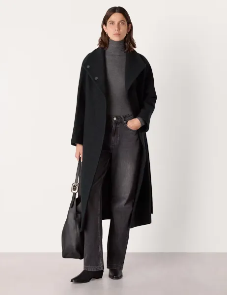 Whistles Morgan Pure Wool Belted Funnel Neck Wrap Coat Black