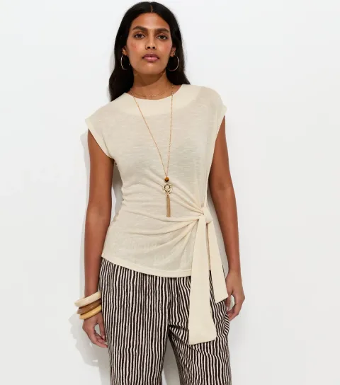 Women's Cream Soft Touch Slubby Tie Front Top