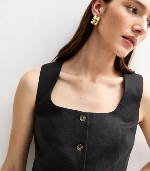 Women's Black Linen Blend Square Neck Waistcoat
