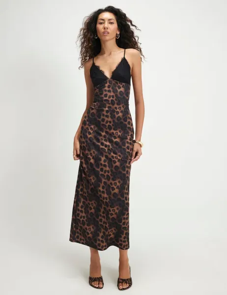 River Island Animal Print Lace Detail Maxi Bodycon Dress Beige Mix