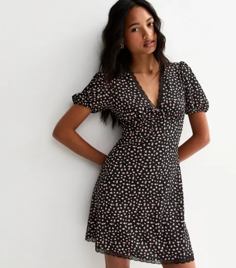 Women's Black Ditsy Floral Lace Trim Mini Dress