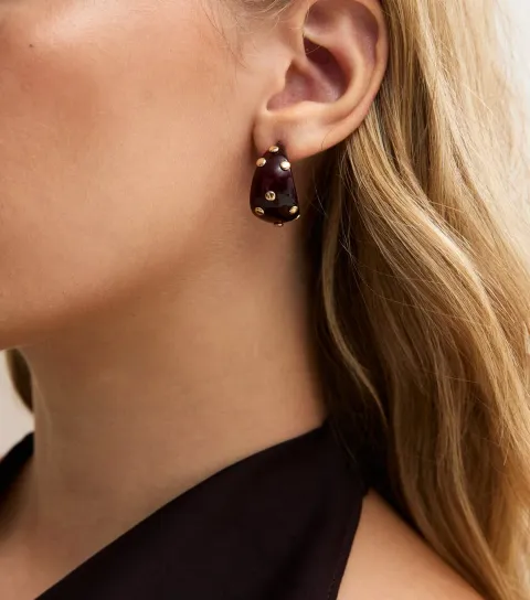 New Look Burgundy Resin Studded Open Hoop Earrings