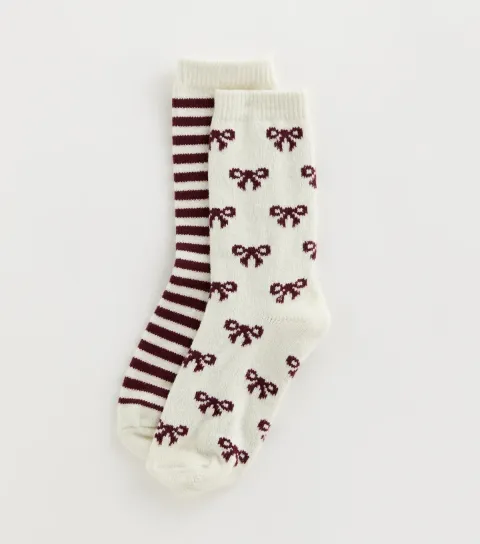Cream Striped and Bow Patterned Lounge Socks