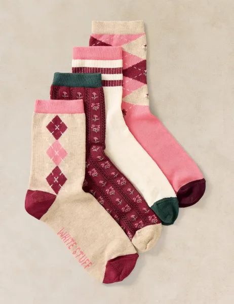 White Stuff 4 Pack Cotton Rich Argyle Ankle High Socks