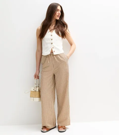 Women's Brown Crinkle Textured Striped Wide Leg Trousers