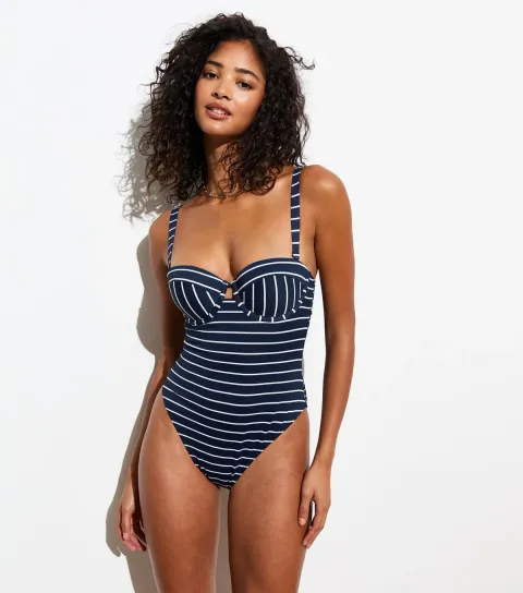 New Look Women's Navy Striped Underwired Swimsuit