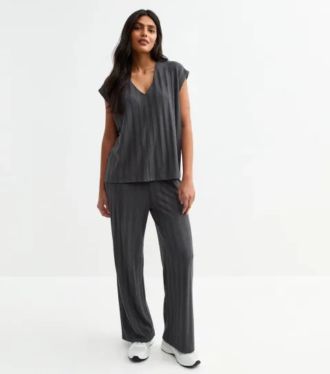 Women's Dark Grey Wide Rib Relaxed Trousers